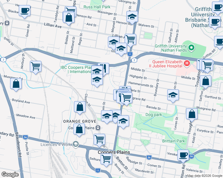 map of restaurants, bars, coffee shops, grocery stores, and more near 350 Musgrave Road in Coopers Plains