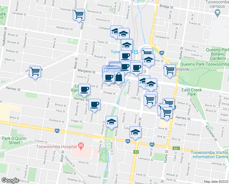 map of restaurants, bars, coffee shops, grocery stores, and more near 5 Grange Street in Toowoomba