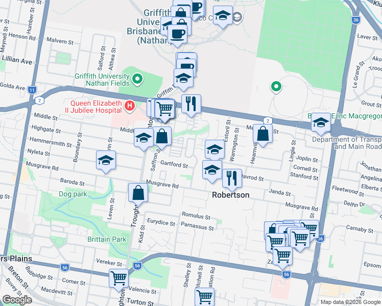 map of restaurants, bars, coffee shops, grocery stores, and more near 129 Didbrook Street in Robertson