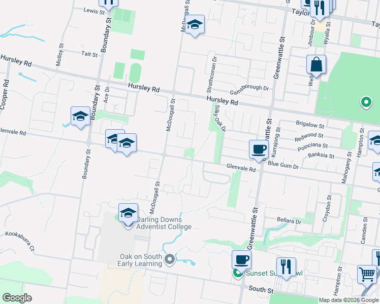 map of restaurants, bars, coffee shops, grocery stores, and more near 189-191 Glenvale Road in Glenvale