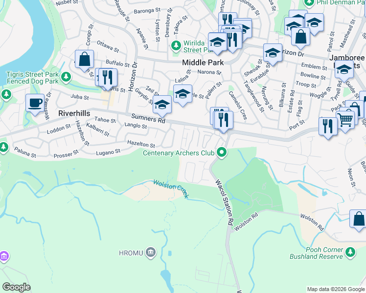 map of restaurants, bars, coffee shops, grocery stores, and more near 280 Sumners Road in Riverhills