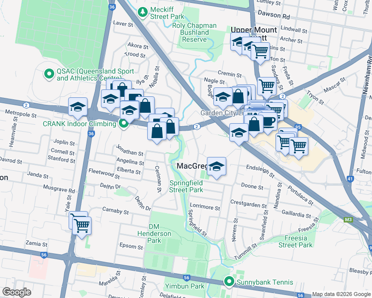 map of restaurants, bars, coffee shops, grocery stores, and more near 17 Bluegum Street in MacGregor