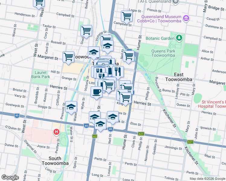 map of restaurants, bars, coffee shops, grocery stores, and more near 4 Hall Lane in Toowoomba City