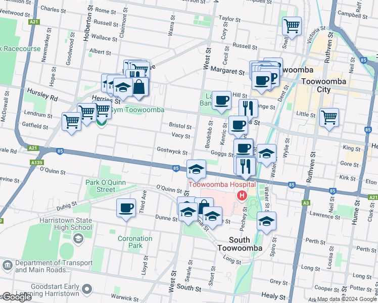 map of restaurants, bars, coffee shops, grocery stores, and more near 169 West Street in Newtown