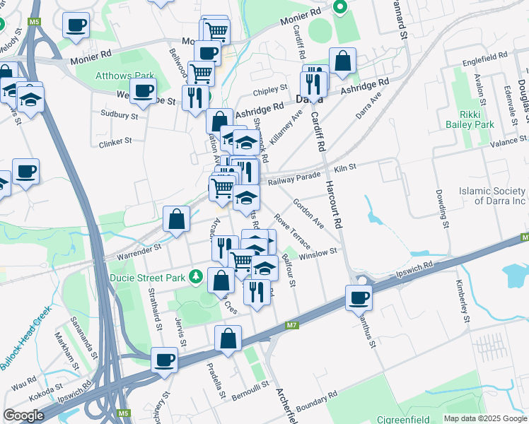 map of restaurants, bars, coffee shops, grocery stores, and more near 114 Rowe Terrace in Darra