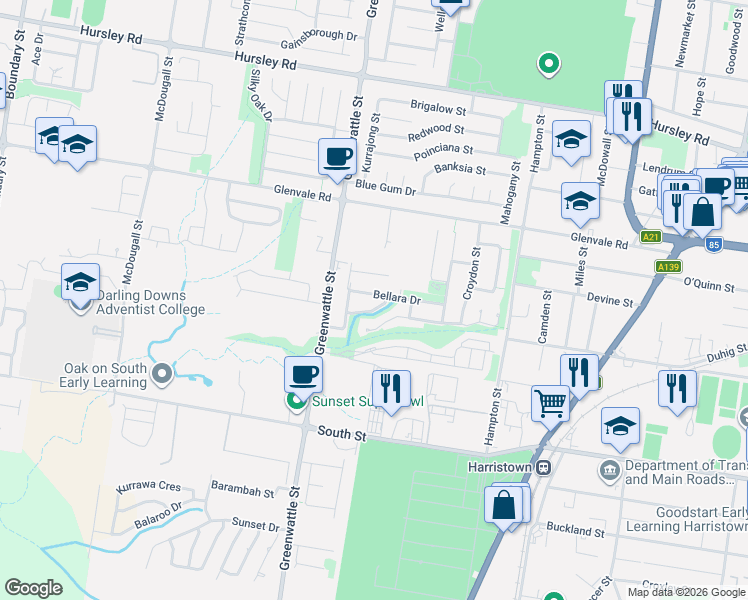 map of restaurants, bars, coffee shops, grocery stores, and more near 22 Bellara Drive in Harristown