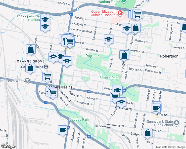 map of restaurants, bars, coffee shops, grocery stores, and more near 6 Ferguson Place in Coopers Plains