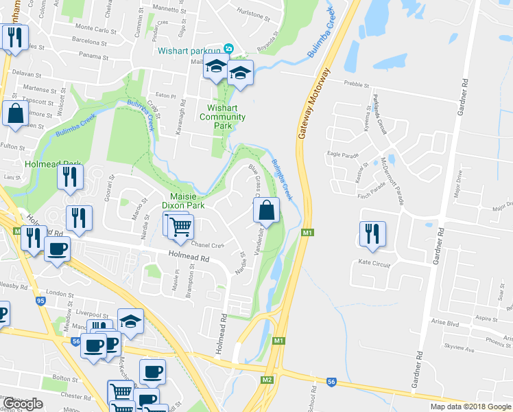 map of restaurants, bars, coffee shops, grocery stores, and more near 74 Blue Grass Crescent in Eight Mile Plains