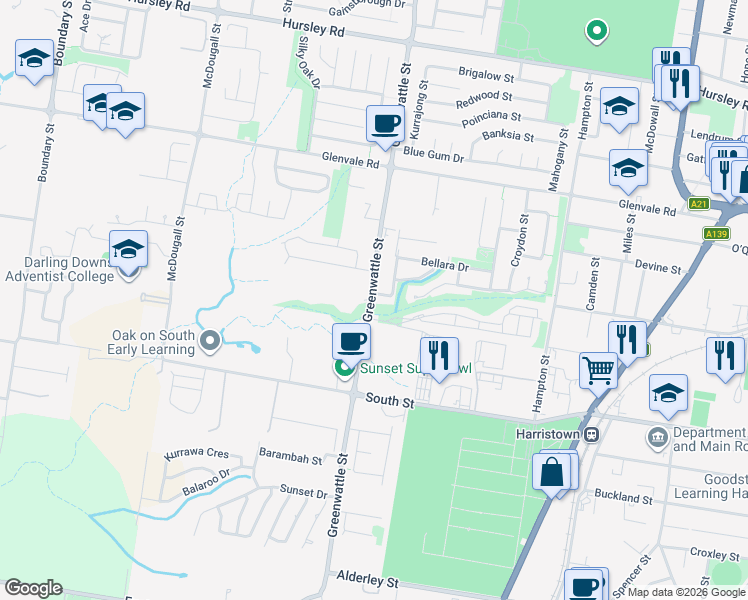 map of restaurants, bars, coffee shops, grocery stores, and more near 2 Moorina Drive in Harristown