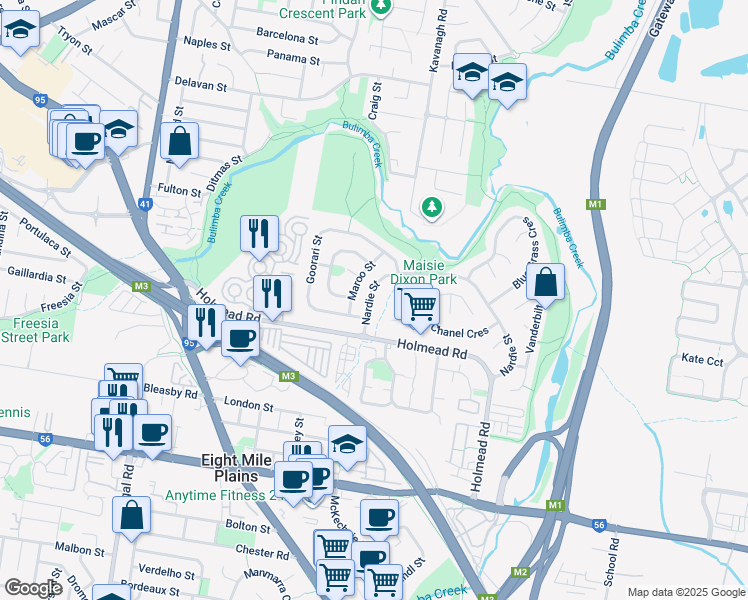 map of restaurants, bars, coffee shops, grocery stores, and more near 15 Nardie Street in Eight Mile Plains