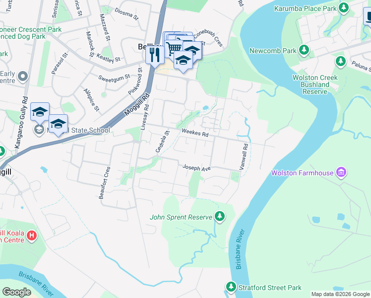 map of restaurants, bars, coffee shops, grocery stores, and more near 40 Sheldrake Place in Moggill