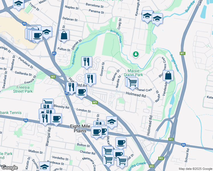map of restaurants, bars, coffee shops, grocery stores, and more near 14 Goorari Street in Eight Mile Plains