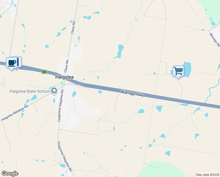 map of restaurants, bars, coffee shops, grocery stores, and more near Warrego Highway in Haigslea