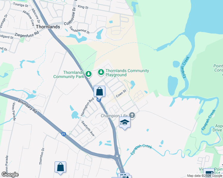 map of restaurants, bars, coffee shops, grocery stores, and more near 16 Freshwater Street in Thornlands