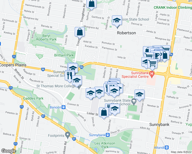 map of restaurants, bars, coffee shops, grocery stores, and more near 20 Karalee Street in Sunnybank