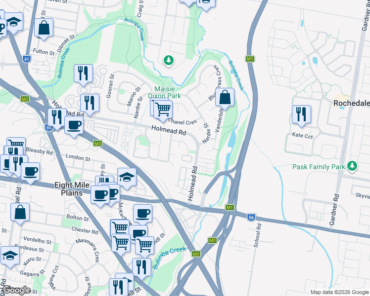 map of restaurants, bars, coffee shops, grocery stores, and more near 13 Lindeman Place in Eight Mile Plains