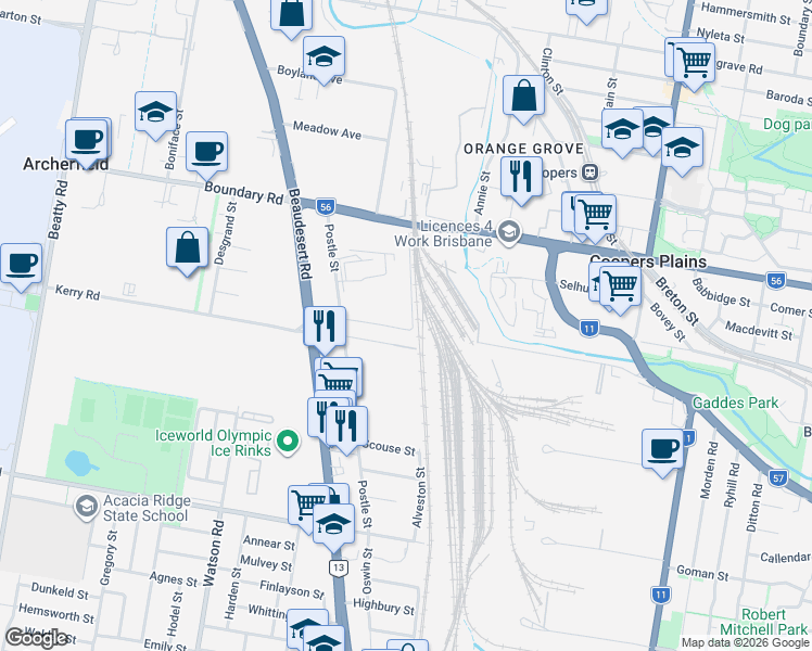 map of restaurants, bars, coffee shops, grocery stores, and more near 62 Weaver Street in Coopers Plains