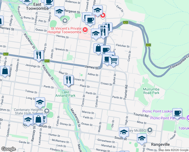 map of restaurants, bars, coffee shops, grocery stores, and more near 6 Adina Street in Rangeville