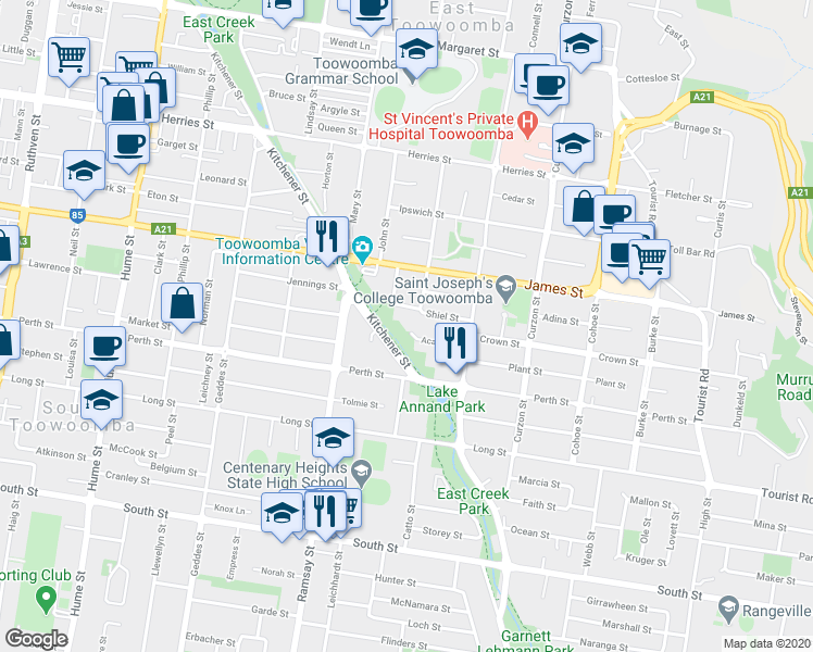map of restaurants, bars, coffee shops, grocery stores, and more near 23 Acacia Street in Rangeville