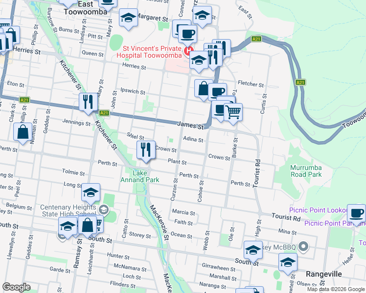 map of restaurants, bars, coffee shops, grocery stores, and more near 65 Crown Street in Rangeville