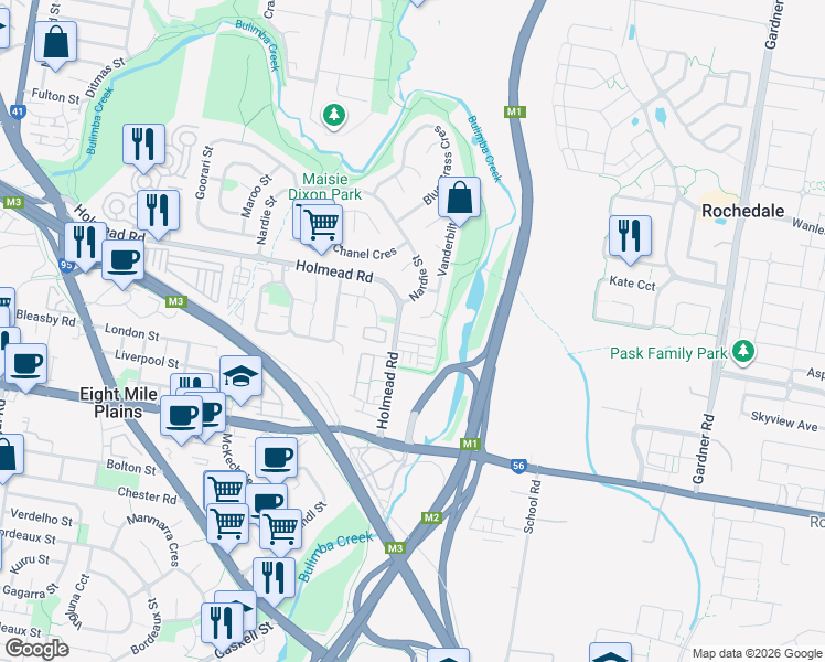 map of restaurants, bars, coffee shops, grocery stores, and more near 16 Violet Close in Eight Mile Plains
