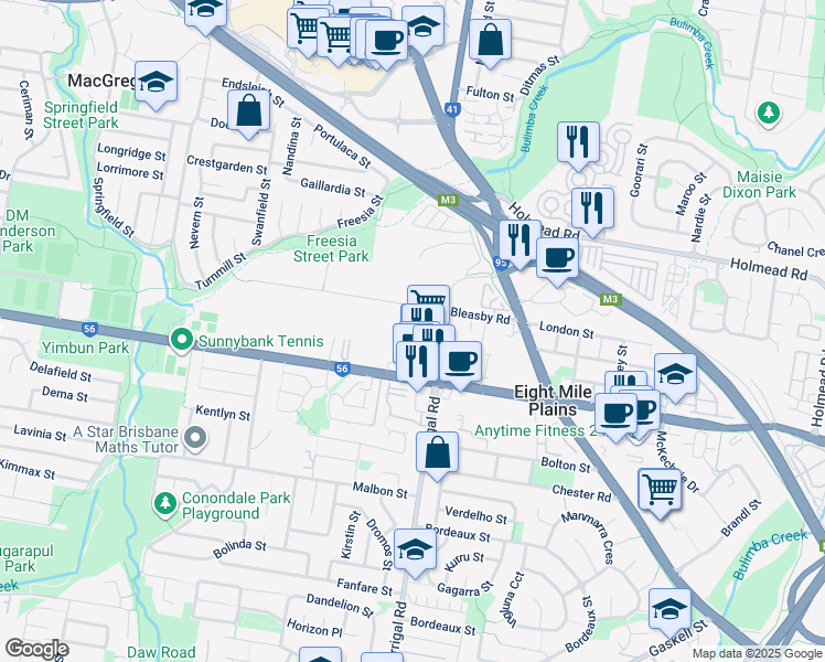 map of restaurants, bars, coffee shops, grocery stores, and more near 88 Bleasby Road in Eight Mile Plains