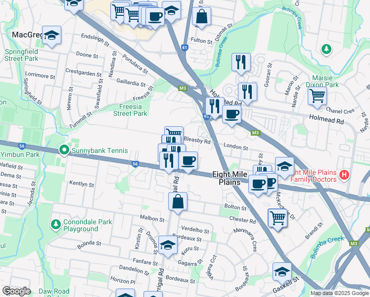 map of restaurants, bars, coffee shops, grocery stores, and more near 56 Bleasby Road in Eight Mile Plains