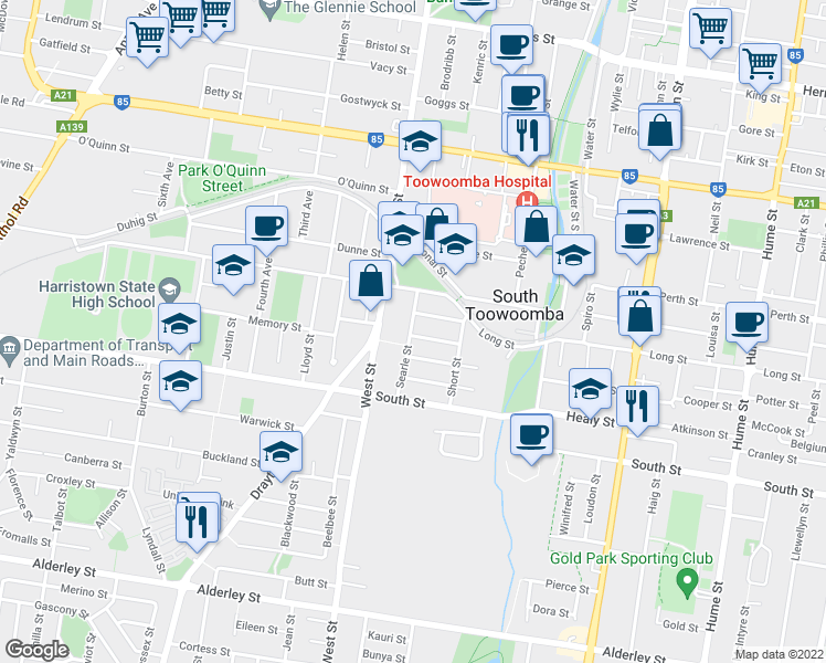 map of restaurants, bars, coffee shops, grocery stores, and more near 10 Searle Street in South Toowoomba