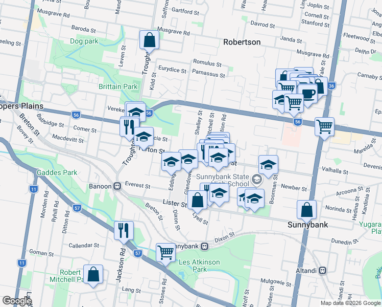 map of restaurants, bars, coffee shops, grocery stores, and more near 79 Shelley Street in Sunnybank