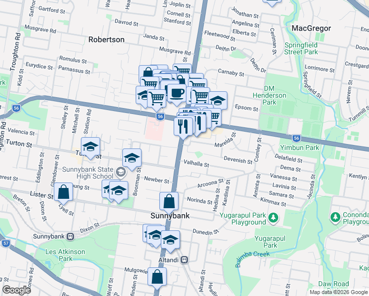 map of restaurants, bars, coffee shops, grocery stores, and more near 1 Woodhaven Court in Sunnybank
