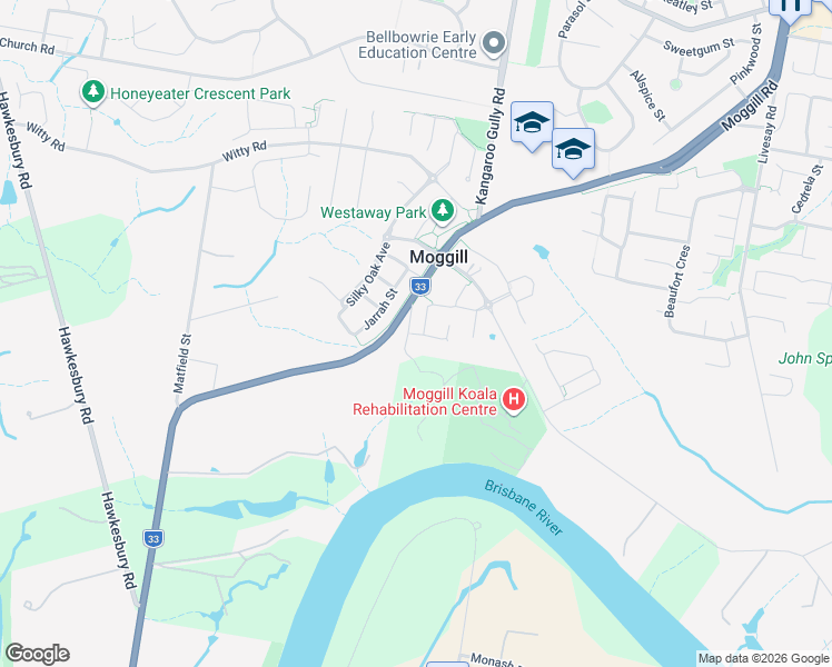 map of restaurants, bars, coffee shops, grocery stores, and more near 51 Waterhousia Place in Moggill