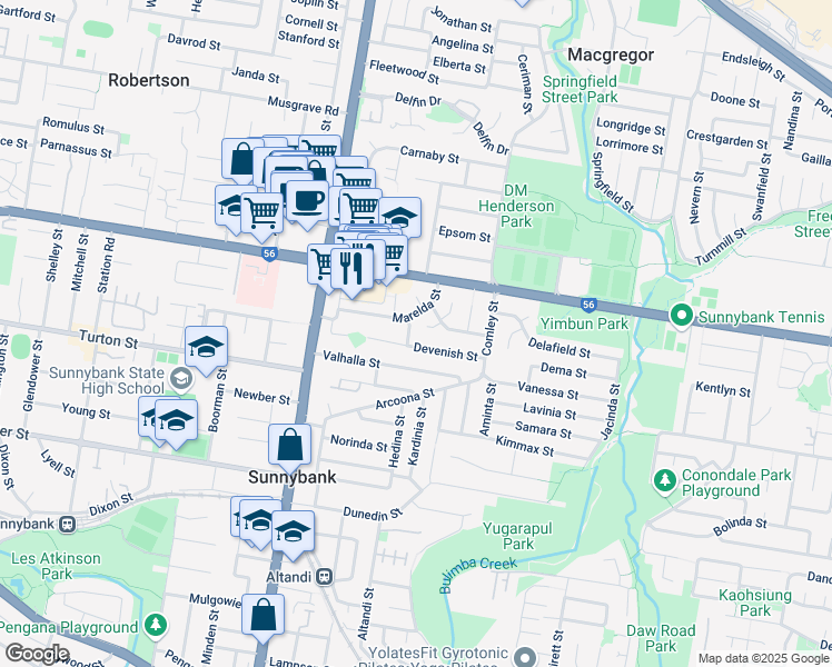 map of restaurants, bars, coffee shops, grocery stores, and more near 6 Aralia Street in Sunnybank