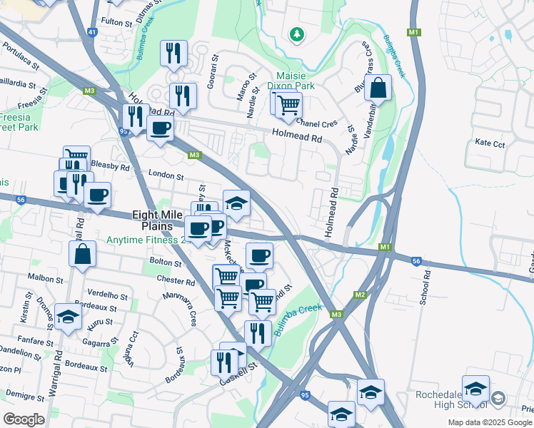 map of restaurants, bars, coffee shops, grocery stores, and more near 14 Goorari Street in Eight Mile Plains