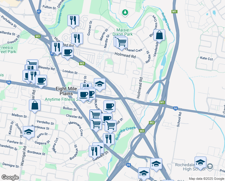 map of restaurants, bars, coffee shops, grocery stores, and more near 25 Buckingham Place in Eight Mile Plains