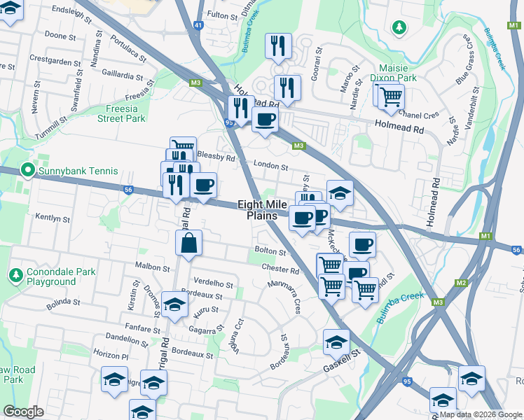 map of restaurants, bars, coffee shops, grocery stores, and more near in Eight Mile Plains