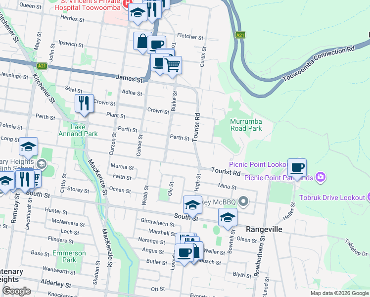 map of restaurants, bars, coffee shops, grocery stores, and more near 3 Drummond Street in Rangeville