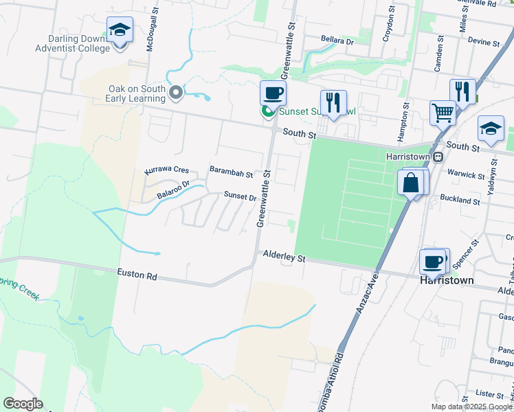 map of restaurants, bars, coffee shops, grocery stores, and more near 2 Diamantina Drive in Glenvale