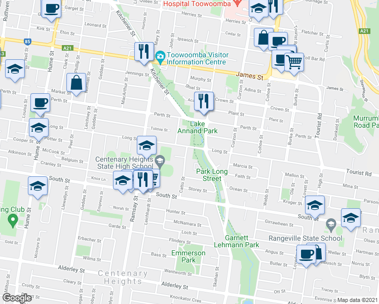 map of restaurants, bars, coffee shops, grocery stores, and more near 4 Catto Street in Centenary Heights