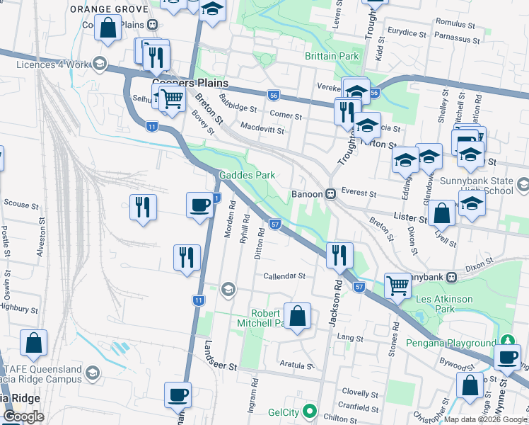 map of restaurants, bars, coffee shops, grocery stores, and more near 200 Beenleigh Road in Sunnybank