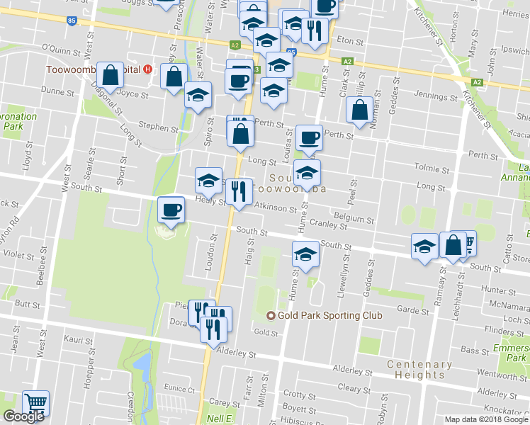 map of restaurants, bars, coffee shops, grocery stores, and more near 1 Beirne Street in South Toowoomba