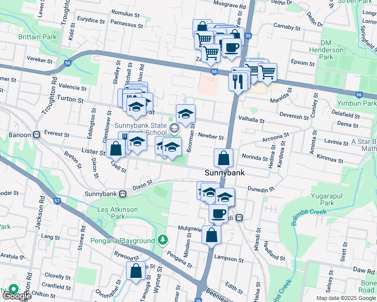 map of restaurants, bars, coffee shops, grocery stores, and more near Boorman Street in Sunnybank