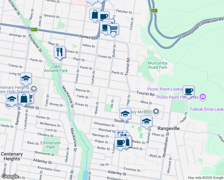 map of restaurants, bars, coffee shops, grocery stores, and more near 22 Long Street in Rangeville