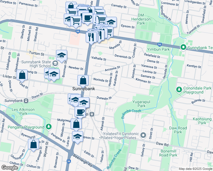 map of restaurants, bars, coffee shops, grocery stores, and more near 22 Batford Street in Sunnybank