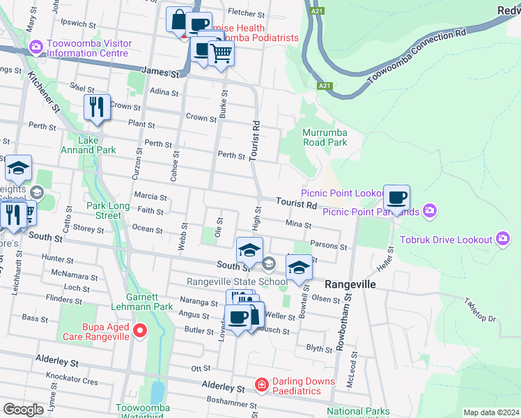 map of restaurants, bars, coffee shops, grocery stores, and more near 6 High Street in Rangeville