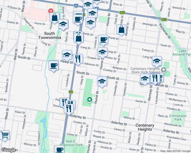 map of restaurants, bars, coffee shops, grocery stores, and more near 204 South Street in South Toowoomba