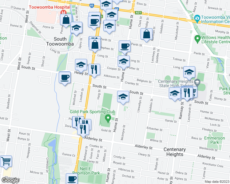 map of restaurants, bars, coffee shops, grocery stores, and more near 204 South Street in South Toowoomba