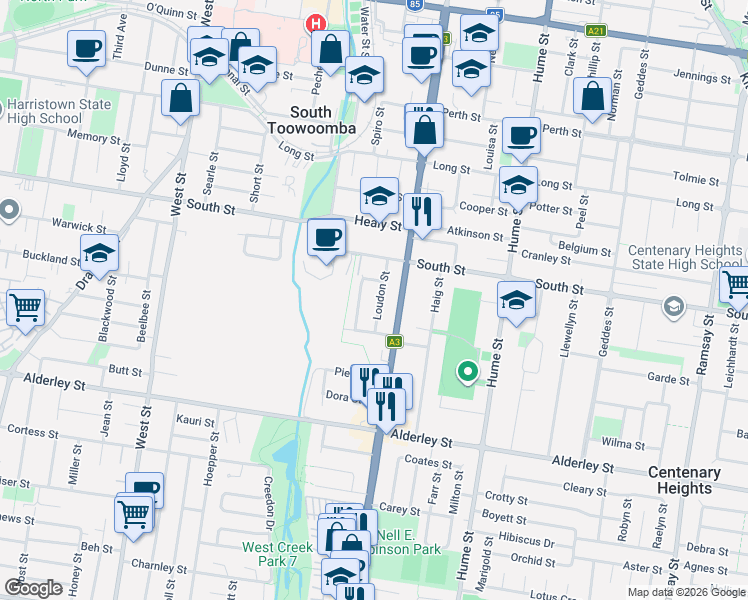 map of restaurants, bars, coffee shops, grocery stores, and more near 11 Loudon Street in South Toowoomba