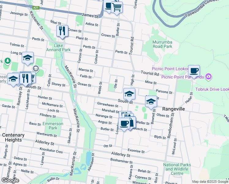 map of restaurants, bars, coffee shops, grocery stores, and more near Ole Street in Rangeville