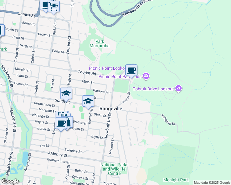 map of restaurants, bars, coffee shops, grocery stores, and more near 2 Rowbotham Street in Rangeville
