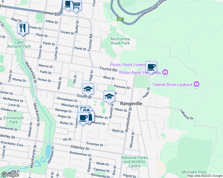 map of restaurants, bars, coffee shops, grocery stores, and more near in Rangeville